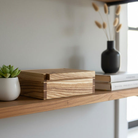 A rectangular wooden box with a hinged lid, shown on a white marble countertop with a blue background.