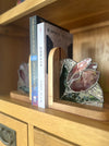 A close-up of a wooden bookshelf holding two books, including Emma Ellis's 'The Biology of Beauty' and 'Donate', with a stained-glass tulip holder on the shelf.