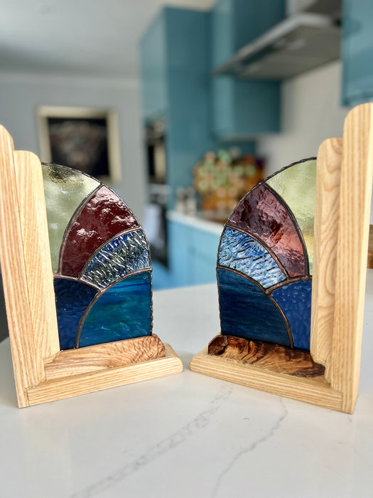 Tall Art Nouveau Inspired Bookends With Stained Glass
