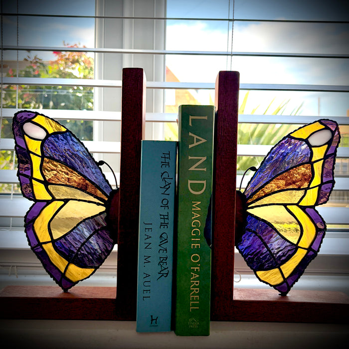Stunning stained glass and Mahogany butterfly bookends