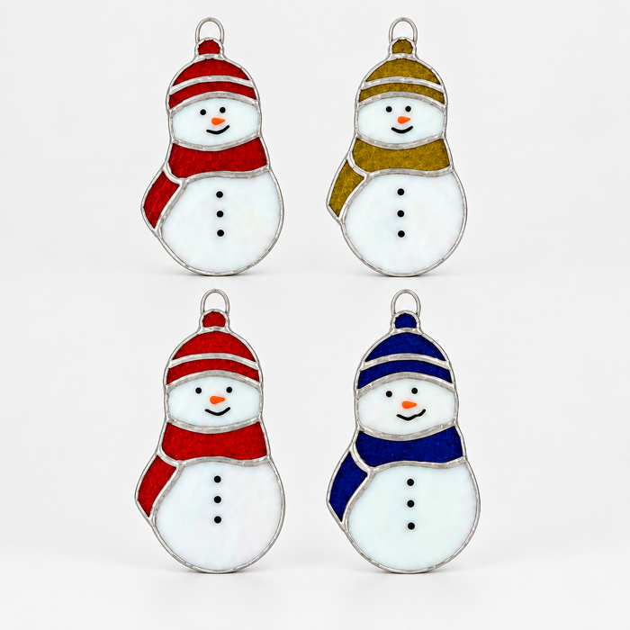 Four snowman-shaped stained glass Christmas tree decoration in a 2x2 grid on a light gray background. Each decoration has a white iridescent body with a silver metal outline and a hat and scarf in different colour combinations: red and white, gold and white, red and white, and blue and white. 