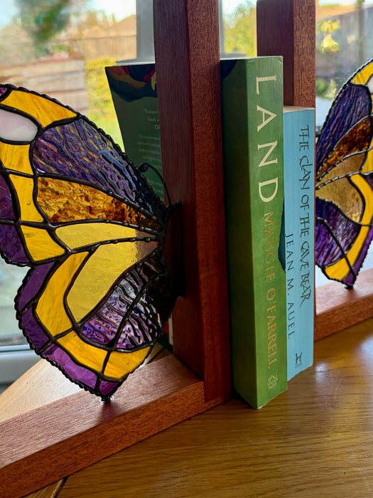 Stunning stained glass and Mahogany butterfly bookends