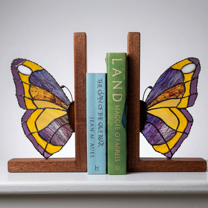 Stunning stained glass and Mahogany butterfly bookends
