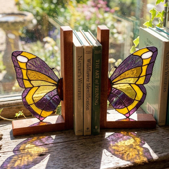 Stunning stained glass and Mahogany butterfly bookends
