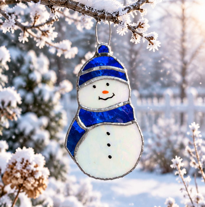 A snowman-shaped stained glass hanging ornament with a blue hat and scarf, suspended from a snowy tree branch in a winter garden.