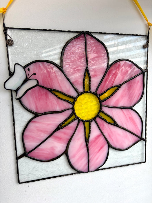 Pink and Yellow flower square stained glass panel with a 3d butterfly