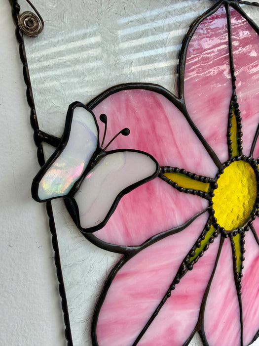 Pink and Yellow flower square stained glass panel with a 3d butterfly
