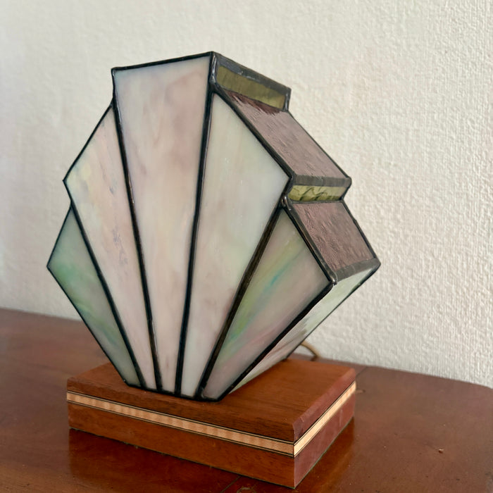 Art Deco inspired box fan table lamp on a mahogany stand in pale pearlescent pinks, greens and cream