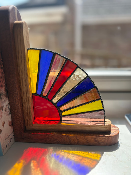 Colour Beams of Light Stained Glass, Oak and Sapele bookends