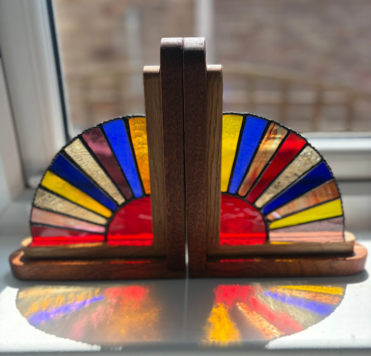Colour Beams of Light Stained Glass, Oak and Sapele bookends