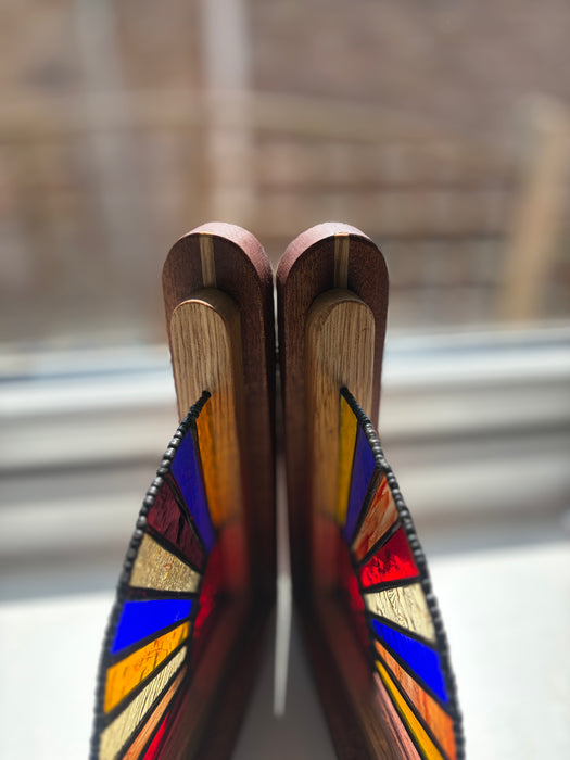 Colour Beams of Light Stained Glass, Oak and Sapele bookends