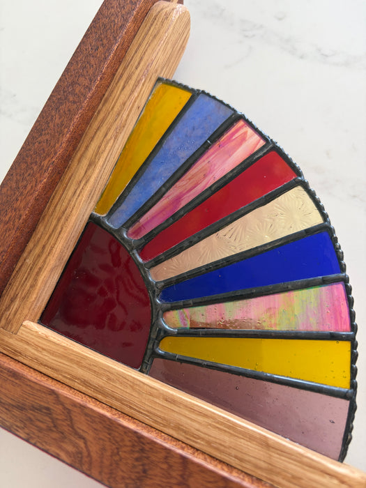 Colour Beams of Light Stained Glass, Oak and Sapele bookends
