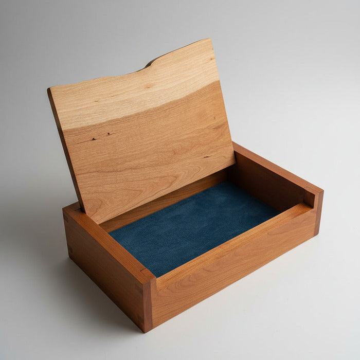 A rectangular wooden storage box with a hinged lid, shown open on a light gray background. The box is made of warm medium-brown wood with a natural live edge on the lid, and the interior is lined with dark blue fabric.