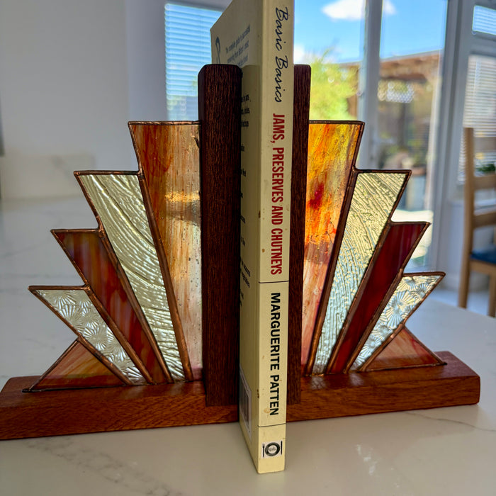 Classy Art Deco inspired stained glass and wood bookends