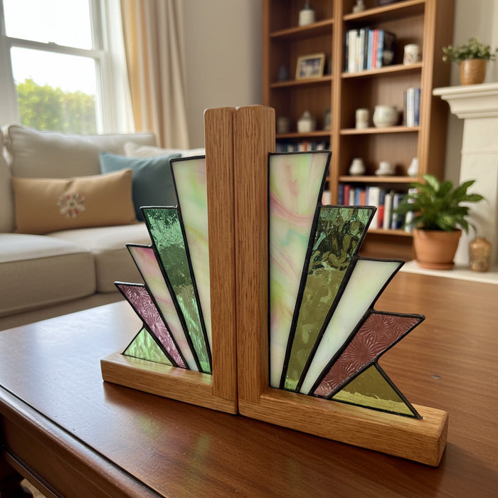 A pair of Art Deco style stained glass bookends on a light marble countertop with a blurred dining room background. The bookends feature geometric fan-shaped stained glass panels in mint green, pale pink, and lavender with black lead lines, supported by a warm oak wood base and central upright.