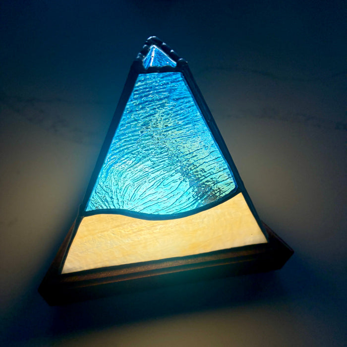 Stained Glass Pyramid lamp on a Sapele base - wireless with rechargeable bulb
