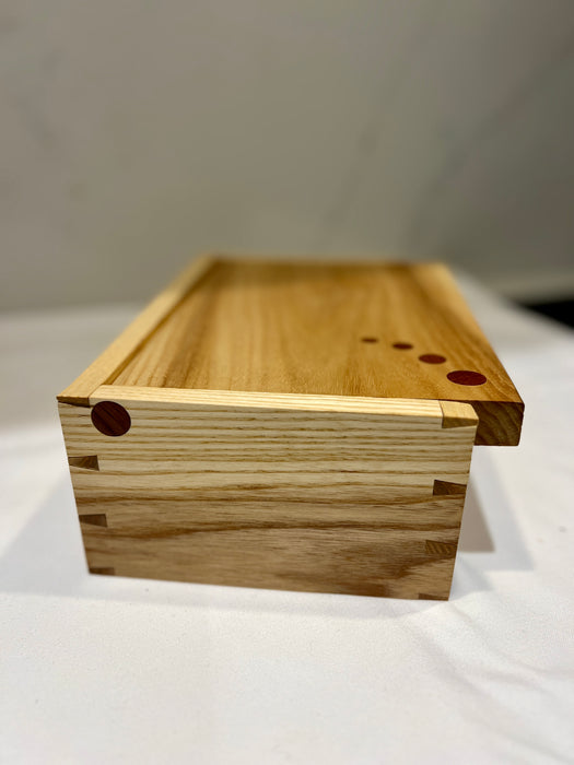 Olive ash wooden box with slab lid and sapele accent