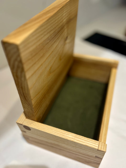 Olive ash wooden box with slab lid and sapele accent