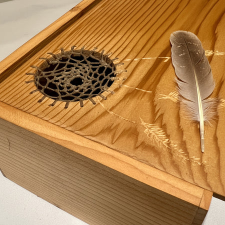 Close-up of a wooden box lid with a circular cutout containing a spiderweb design and delicate leafy line details etched or printed on the wood.