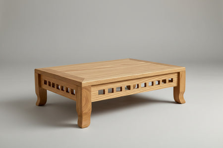A light oak wood bonsai table or stand with a slatted front panel and four legs